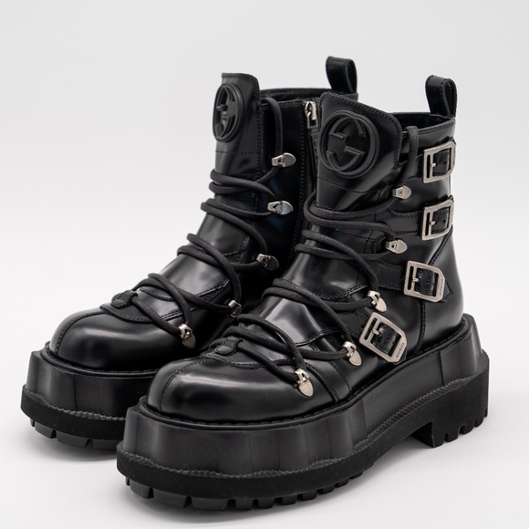 size 37G 7 US Gucci Leather Maja Boots Platform Triple Black Buckle - Picture 1 of 13